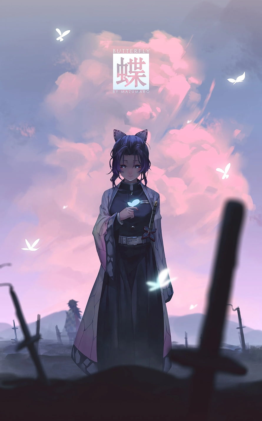 Shinobu Kocho from Demon Slayer Standing in a Field of Swords Under a Pink Sky HD phone wallpaper