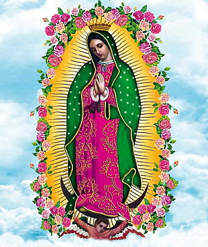 Our Lady of Guadalupe in Green and Pink Robes Surrounded by Roses and Angel HD phone wallpaper