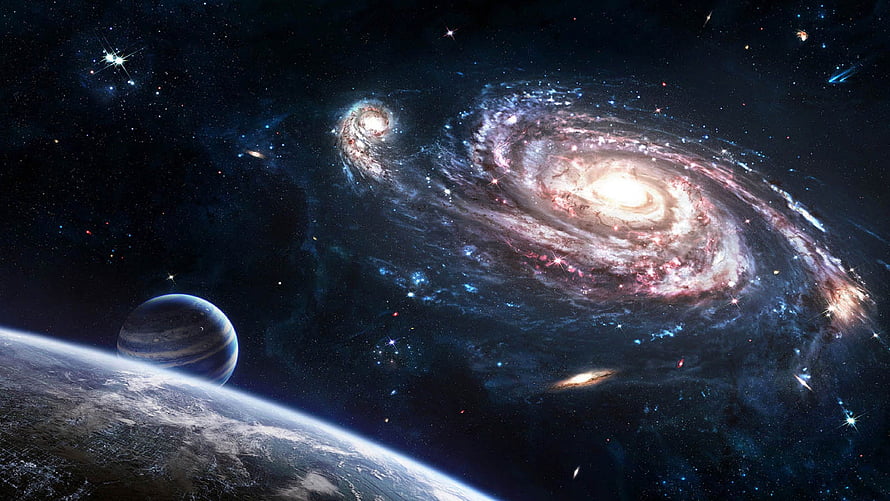 Spiral Galaxy and Planets in Deep Space Cosmic Scene HD wallpaper