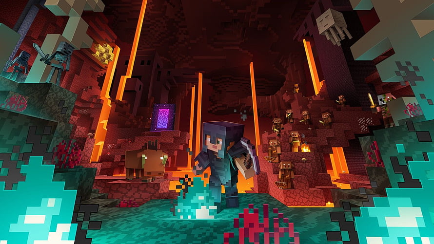 Minecraft Nether Wasteland Scene With Netherite Armor and Mob Encounters HD wallpaper