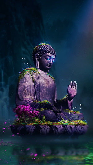 Mystical Buddha Statue Seated on Lotus with Glowing Eyes and Mossy Details HD phone wallpaper