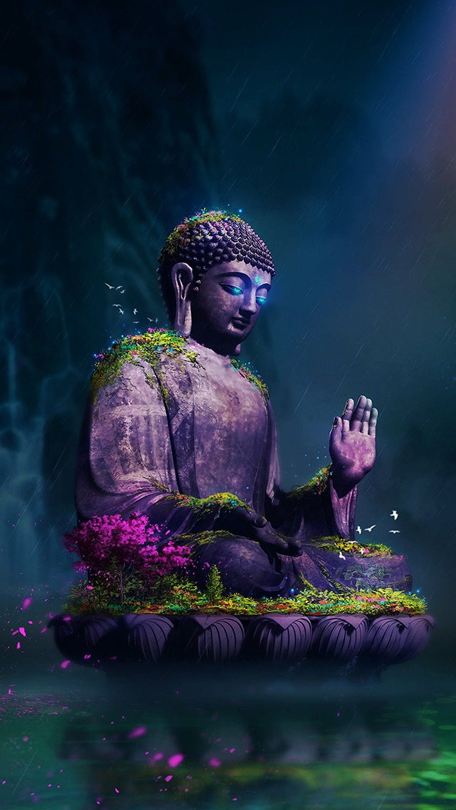 Mystical Buddha Statue Seated on Lotus with Glowing Eyes and Mossy Details HD phone wallpaper