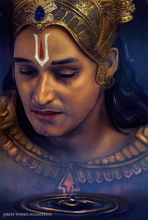 Krishna Digital Art Portrait with Golden Crown and Teardrop HD phone wallpaper