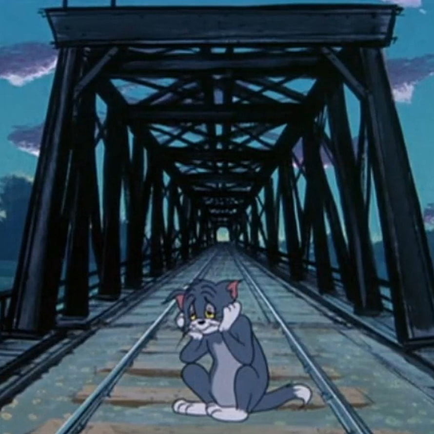 Tom from Tom and Jerry Sitting Melancholy on a Long Railroad Bridge at Dusk HD phone wallpaper