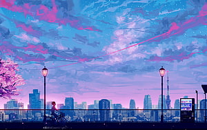 Anime Cityscape at Dusk with Tokyo Tower and Cherry Blossoms HD wallpaper