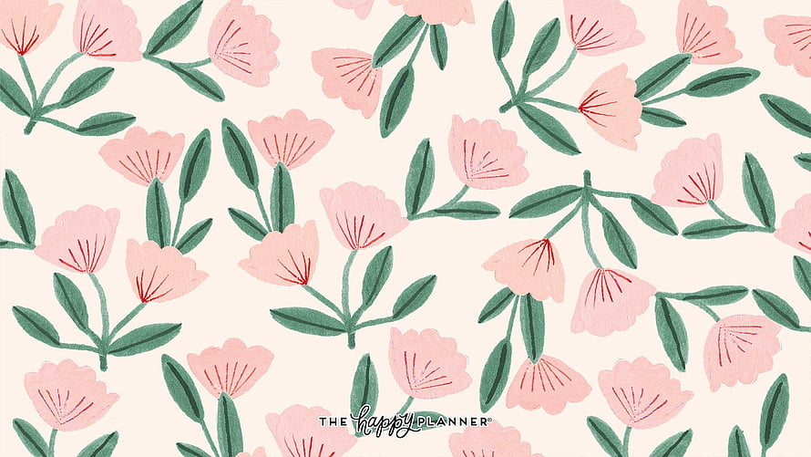 The Happy Planner Pastel Pink Floral Pattern with Green Leaves on Cream Background HD wallpaper