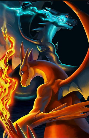 Mega Charizard X and Y Dragon Forms with Fire and Ice Energy HD phone wallpaper