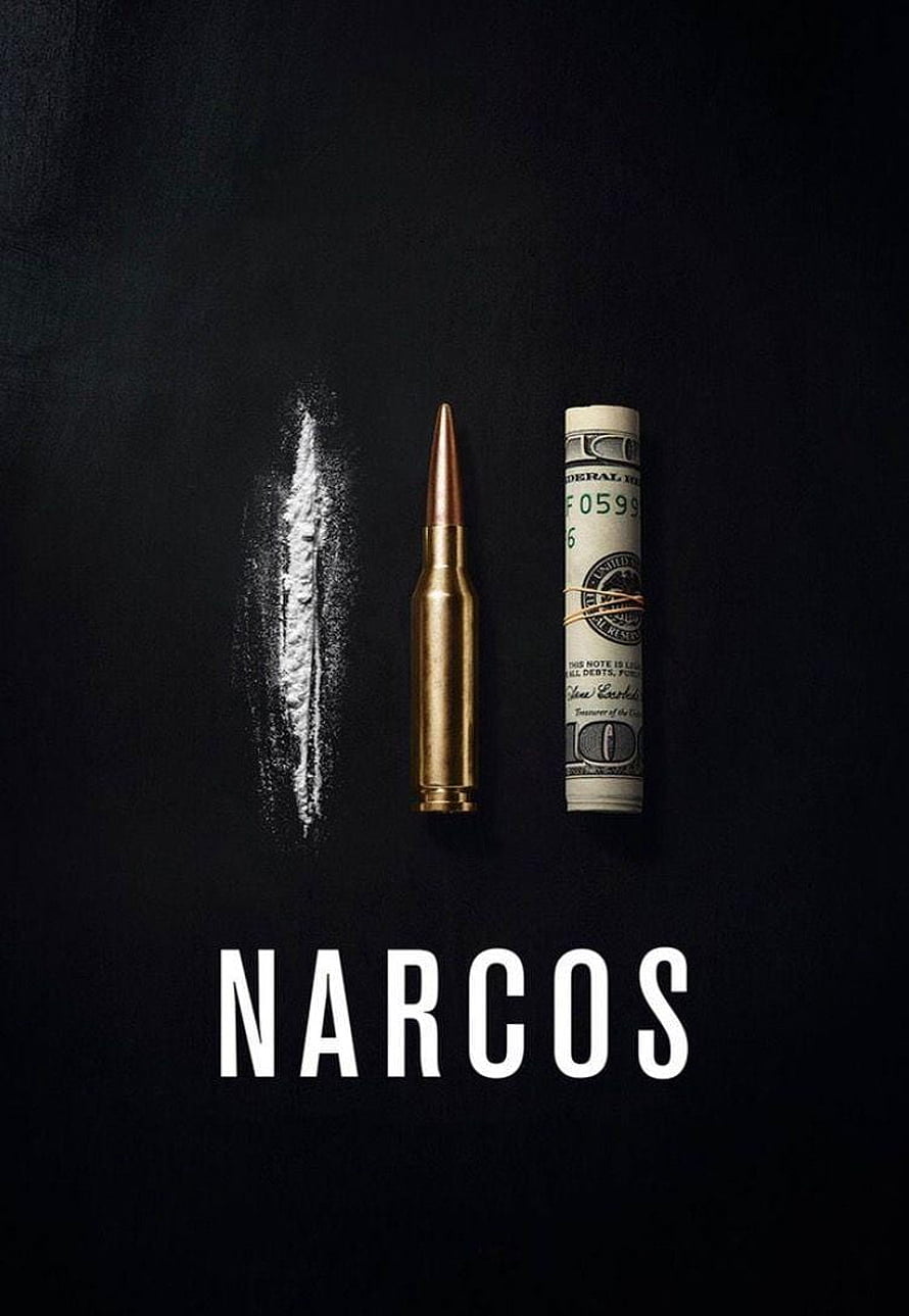 Narcos Season 3 Poster Featuring White Powder, Brass Bullet, and Rolled Cash on Black Background HD phone wallpaper