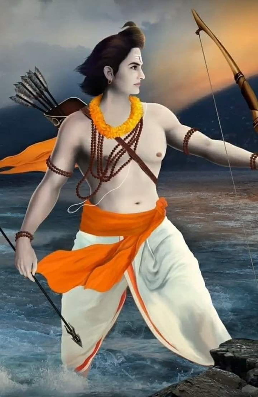 Lord Shri Ram Archery Portrait With Bow And Arrows In Orange Dhoti HD phone wallpaper