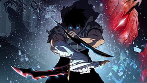 Sung Jin Woo wielding dual blades in a dark, shattered environment with glowing blue eyes HD wallpaper