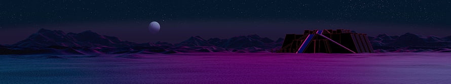 Retro Synthwave Desert Landscape with Neon Pyramid and Moonlit Night Sky HD wallpaper