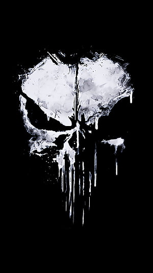 Punisher Skull Logo in Grunge White Paint Style on Black Background HD phone wallpaper