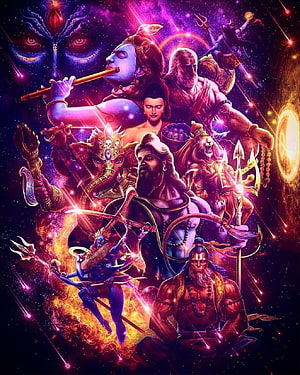 Vibrant Digital Art of Hindu Deities Including Shiva, Krishna, Ganesha, and Hanuman in Cosmic Setting, Hindu Gods In, all hindu gods HD phone wallpaper