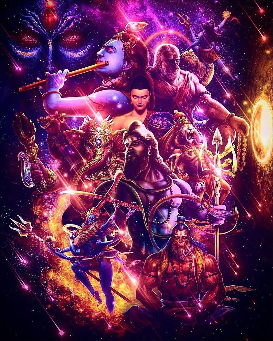 Vibrant Digital Art of Hindu Deities Including Shiva, Krishna, Ganesha, and Hanuman in Cosmic Setting HD phone wallpaper