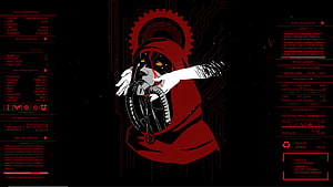 Adeptus Mechanicus Cyberpunk Rainmeter Skin with Red Hooded Figure and System Data HD wallpaper