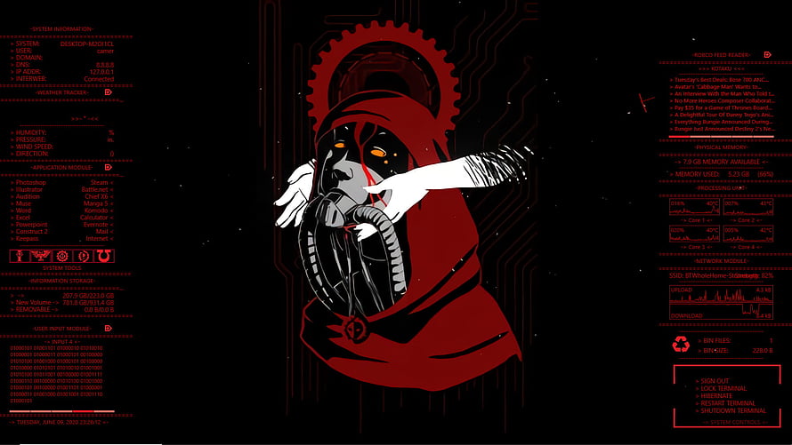 Adeptus Mechanicus Cyberpunk Rainmeter Skin with Red Hooded Figure and System Data HD wallpaper