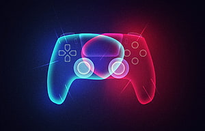 Neon Glowing PS5 Controller with Cyan and Magenta Lighting on Dark Background HD wallpaper