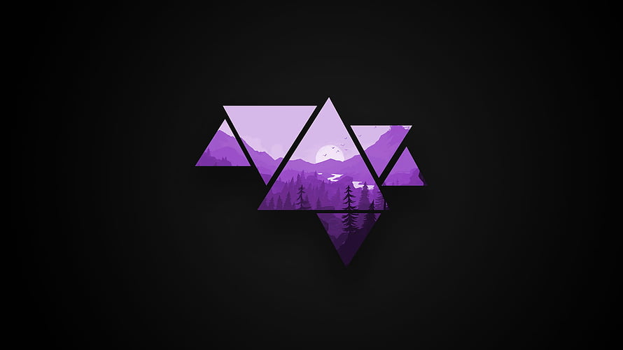Geometric Purple Mountain Landscape with Moon and Pine Trees in Triangular Composition HD wallpaper