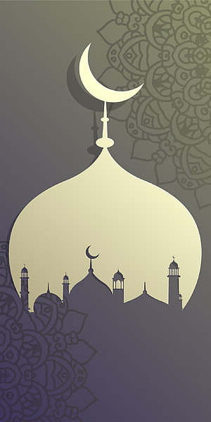 Minimalist Islamic Mosque Silhouette with Crescent Moon and Geometric Patterns HD phone wallpaper