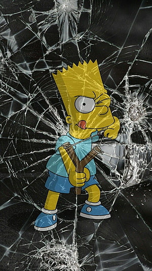 Bart Simpson Aiming Slingshot on Cracked Glass Background HD phone wallpaper