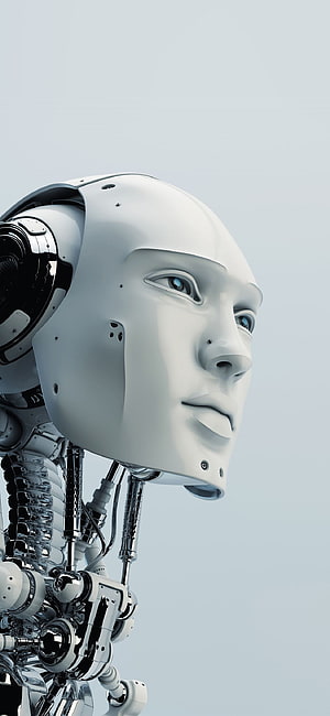 White humanoid android head with exposed mechanical neck and blue eyes in profile HD phone wallpaper