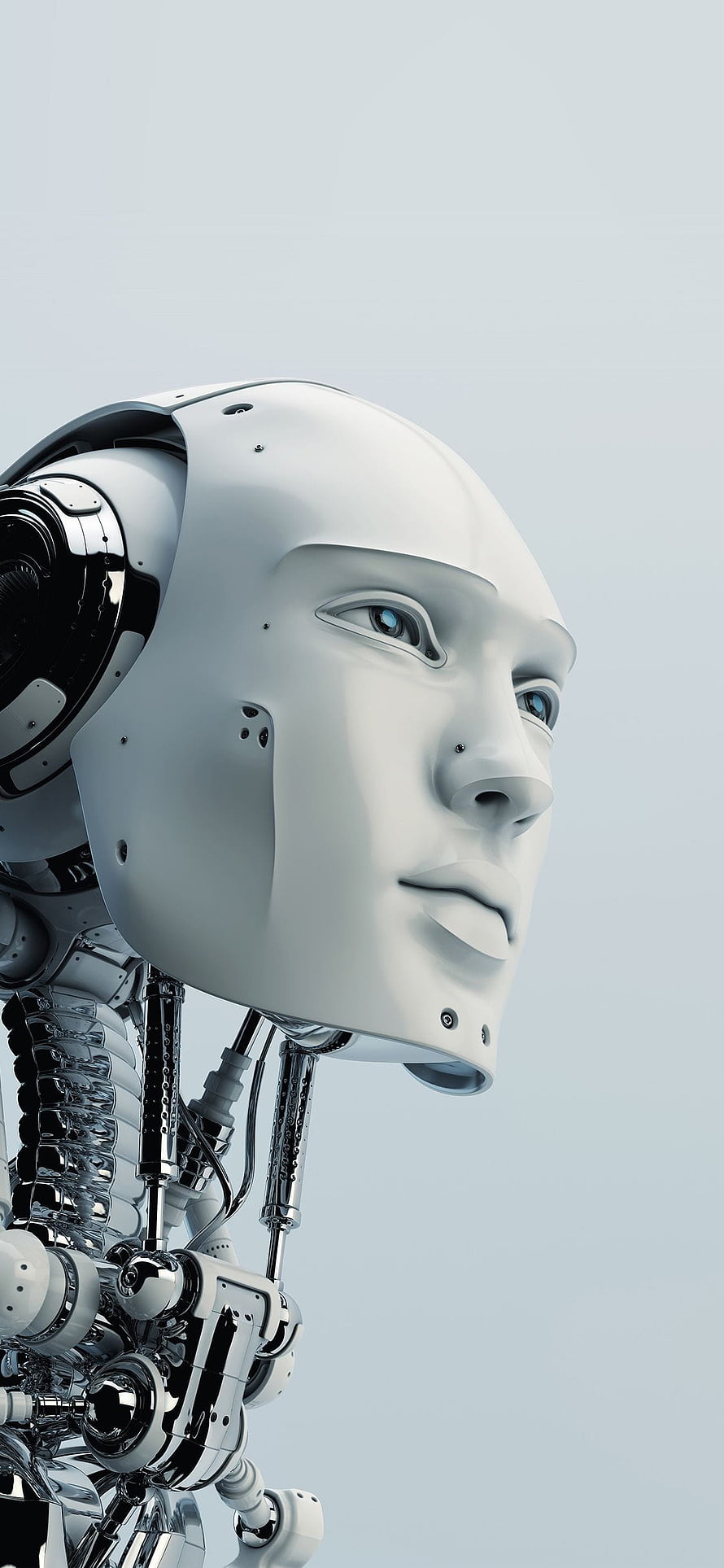 White humanoid android head with exposed mechanical neck and blue eyes in profile HD phone wallpaper