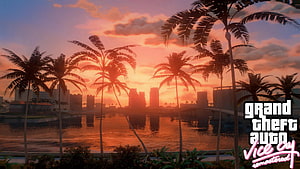 Grand Theft Auto Vice City Remastered Sunset Palm Tree Cityscape HD wallpaper