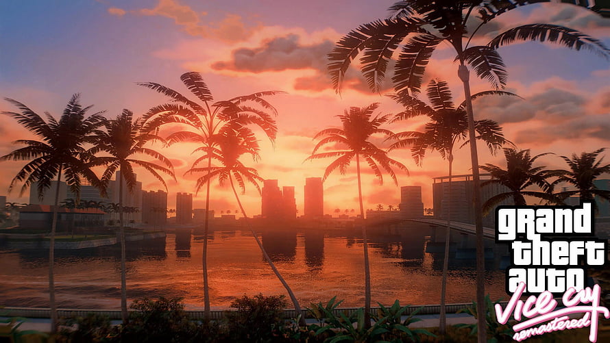 Grand Theft Auto Vice City Remastered Sunset Palm Tree Cityscape HD wallpaper