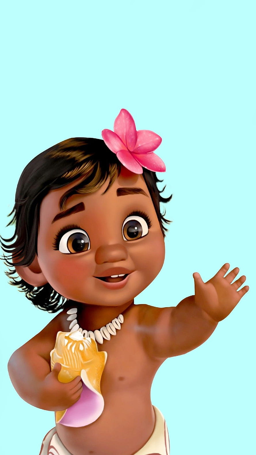 Cute Baby Moana 3D Character with Pink Flower and Seashell Necklace HD phone wallpaper