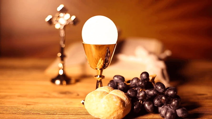 Sacred First Holy Communion Still Life With Golden Chalice, Bread, Grapes, And Cross HD wallpaper