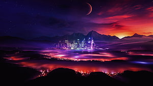 Futuristic Cityscape at Night with Glowing Mountains and a Crescent Moon in a Vibrant Purple Sky HD wallpaper