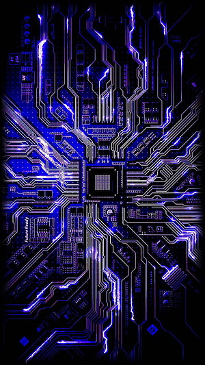 Glowing Blue Circuit Board Pattern with Central Processor Chip and Electric Traces HD phone wallpaper