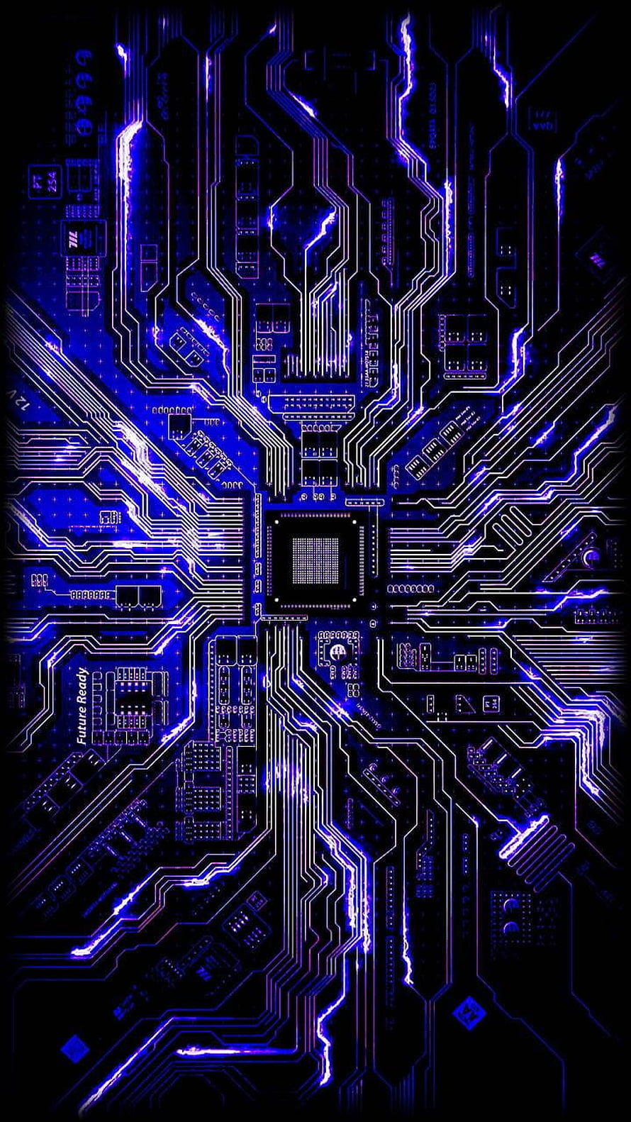 Glowing Blue Circuit Board Pattern with Central Processor Chip and Electric Traces HD phone wallpaper