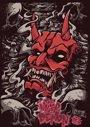 Red Oni Demon Mask with Horns and Fanged Grin in Dark Ink Illustration HD phone wallpaper