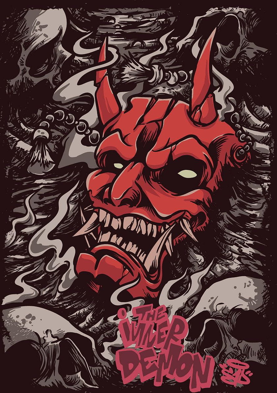 Red Oni Demon Mask with Horns and Fanged Grin in Dark Ink Illustration HD phone wallpaper