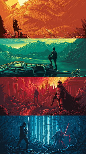 Star Wars Saga Illustrated in Four Distinct Cinematic Scenes HD phone wallpaper