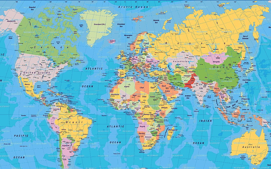 Detailed Political World Map with Colorful Country Borders and Ocean Labels HD wallpaper