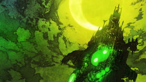 Persona 3 Tartarus Tower with Glowing Green Orbs and Yellow Moon HD wallpaper