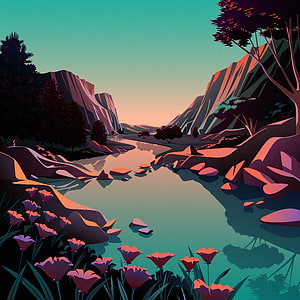 Stylized Digital Art of a Serene Mountain River Valley at Sunset with Vibrant Wildflowers HD phone wallpaper