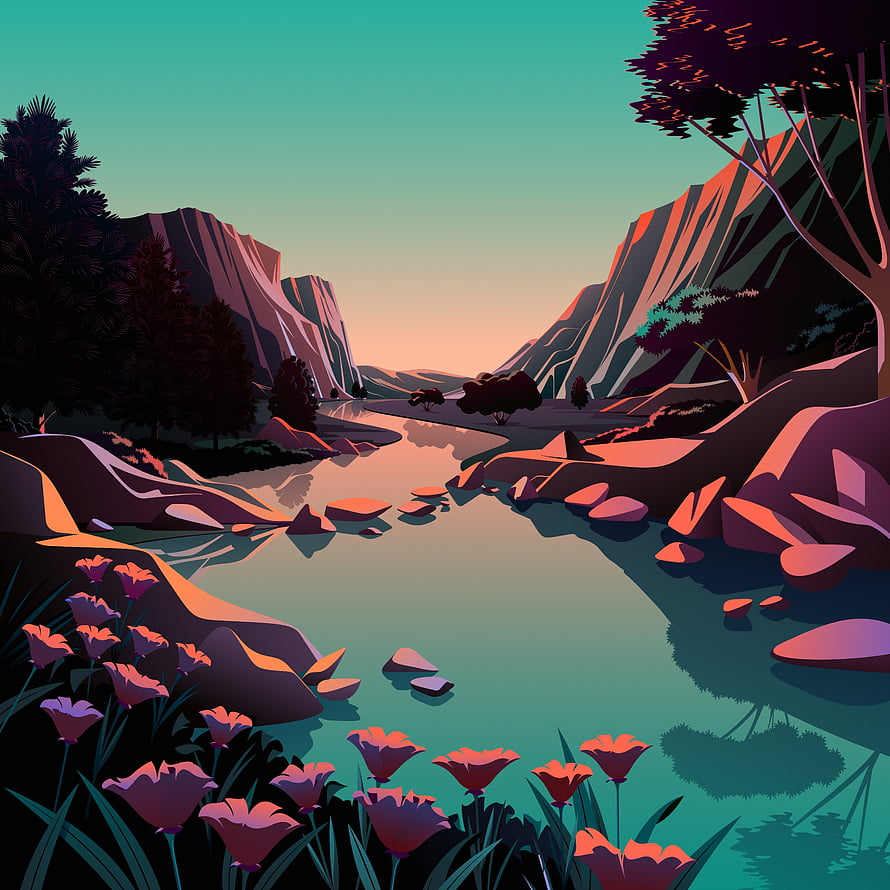Stylized Digital Art of a Serene Mountain River Valley at Sunset with Vibrant Wildflowers HD phone wallpaper