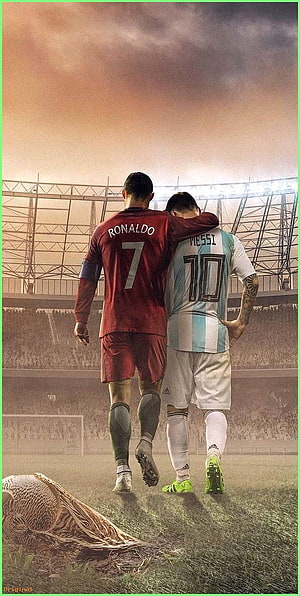 Ronaldo and Messi Walking Together on the Soccer Field at Sunset HD phone wallpaper