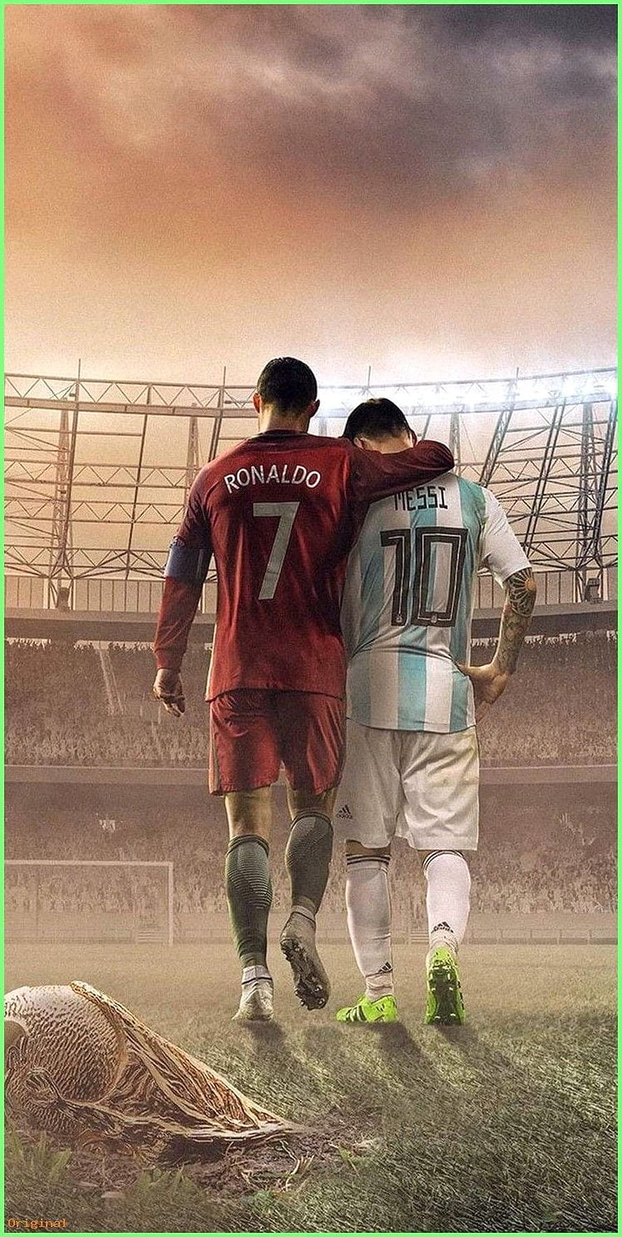 Ronaldo and Messi Walking Together on the Soccer Field at Sunset HD phone wallpaper