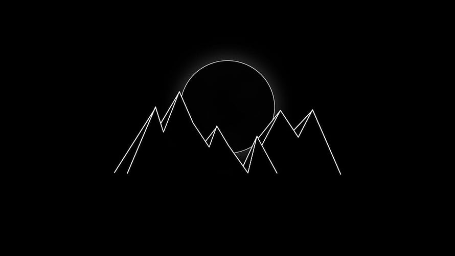 Minimalist white line art of mountains and moon on a black background HD wallpaper