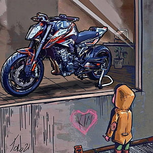 KTM Duke Motorcycle Digital Illustration With Child In Hooded Jacket HD phone wallpaper