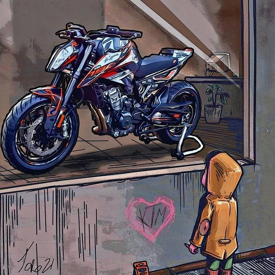 KTM Duke Motorcycle Digital Illustration With Child In Hooded Jacket HD phone wallpaper