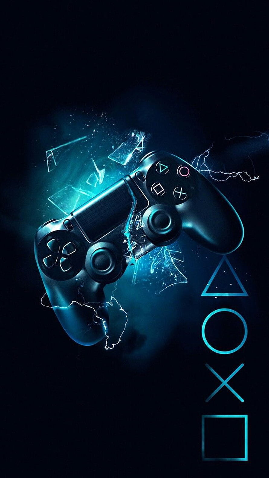 PlayStation 4 DualShock Controller with Shattered Glass and Electric Blue Lightning Effects HD phone wallpaper