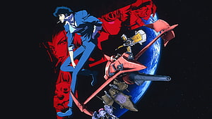 Cowboy Bebop Space Opera Poster with Spike Spiegel and Bebop Ship Against Earth HD wallpaper