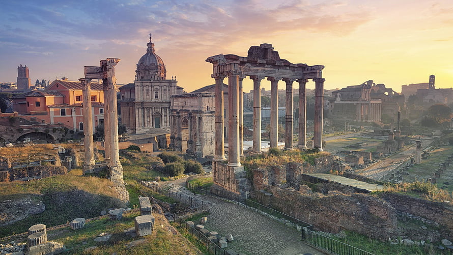 Roman Forum Ancient Ruins and Temple Columns at Golden Hour in Rome Italy HD wallpaper