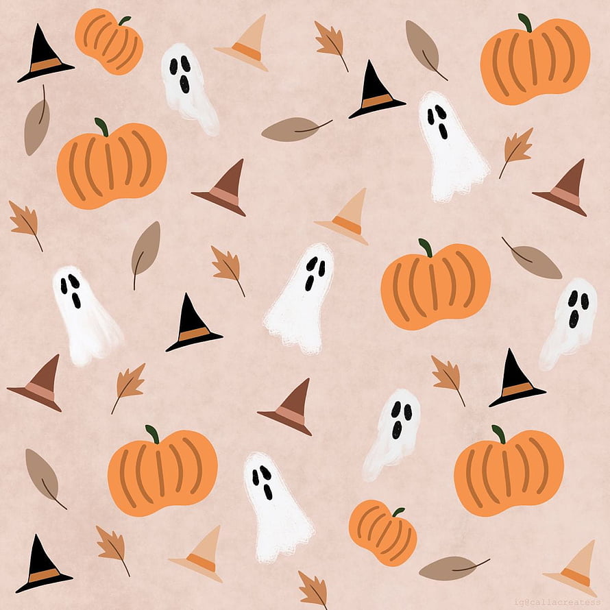 Cute Halloween Pattern with Ghosts, Pumpkins, Witch Hats, and Autumn Leaves on Beige Background HD phone wallpaper