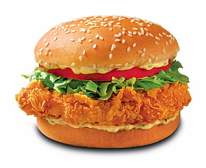 Crispy Zinger Chicken Burger With Sesame Bun, Lettuce, Tomato, And Spicy Sauce HD wallpaper